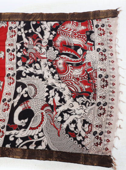 Red Kalamkari Mangalagiri Silk Saree with Sacred Cow & Lotus Motifs