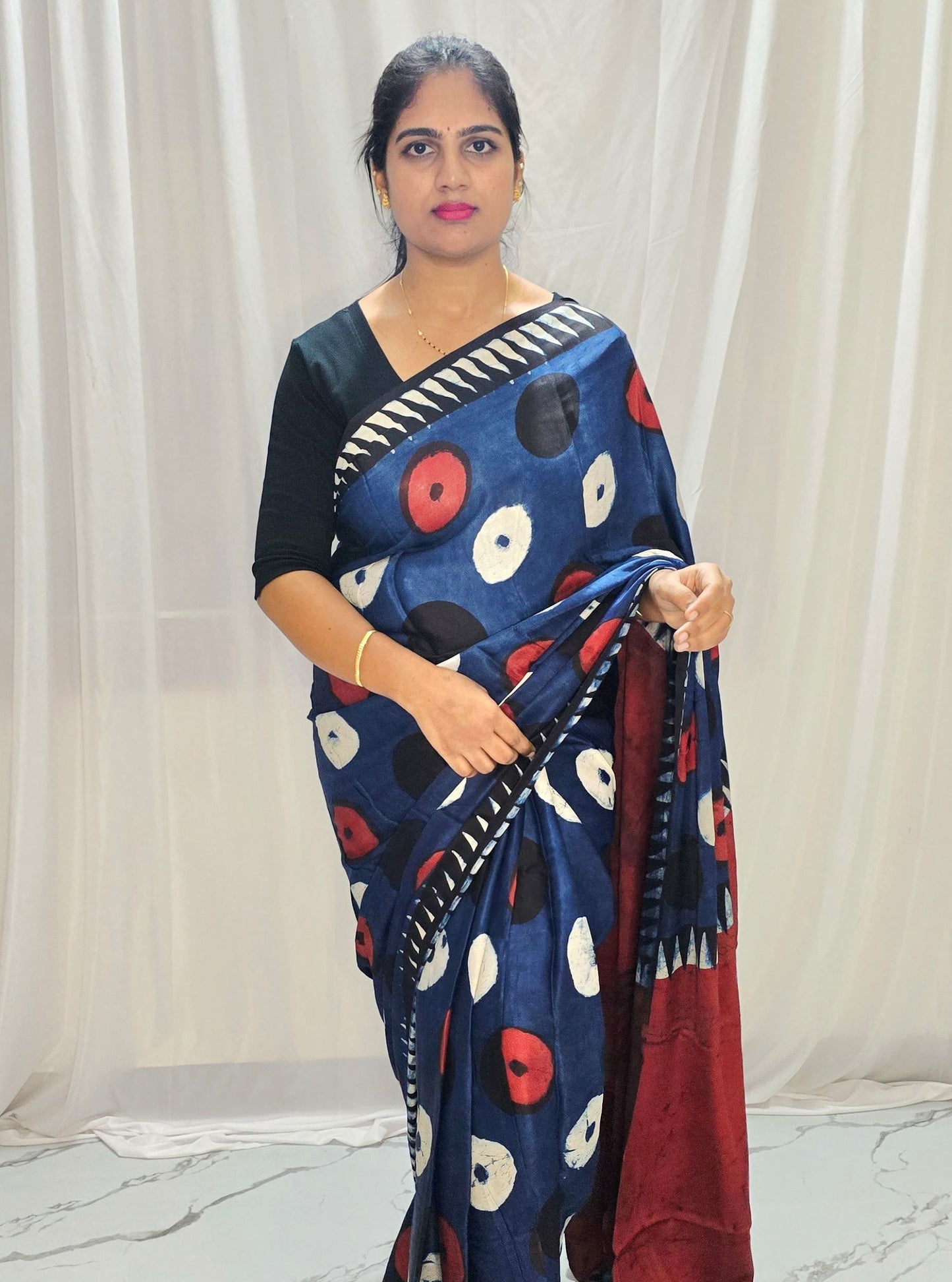 Rust Red & Indigo Pure Modal Silk Saree with Abstract Circular Motifs & Contrast Border