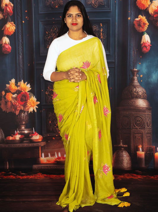 Lime Green Mul Cotton Saree with Hand-Painted Pink Floral Motifs & Tassel Border