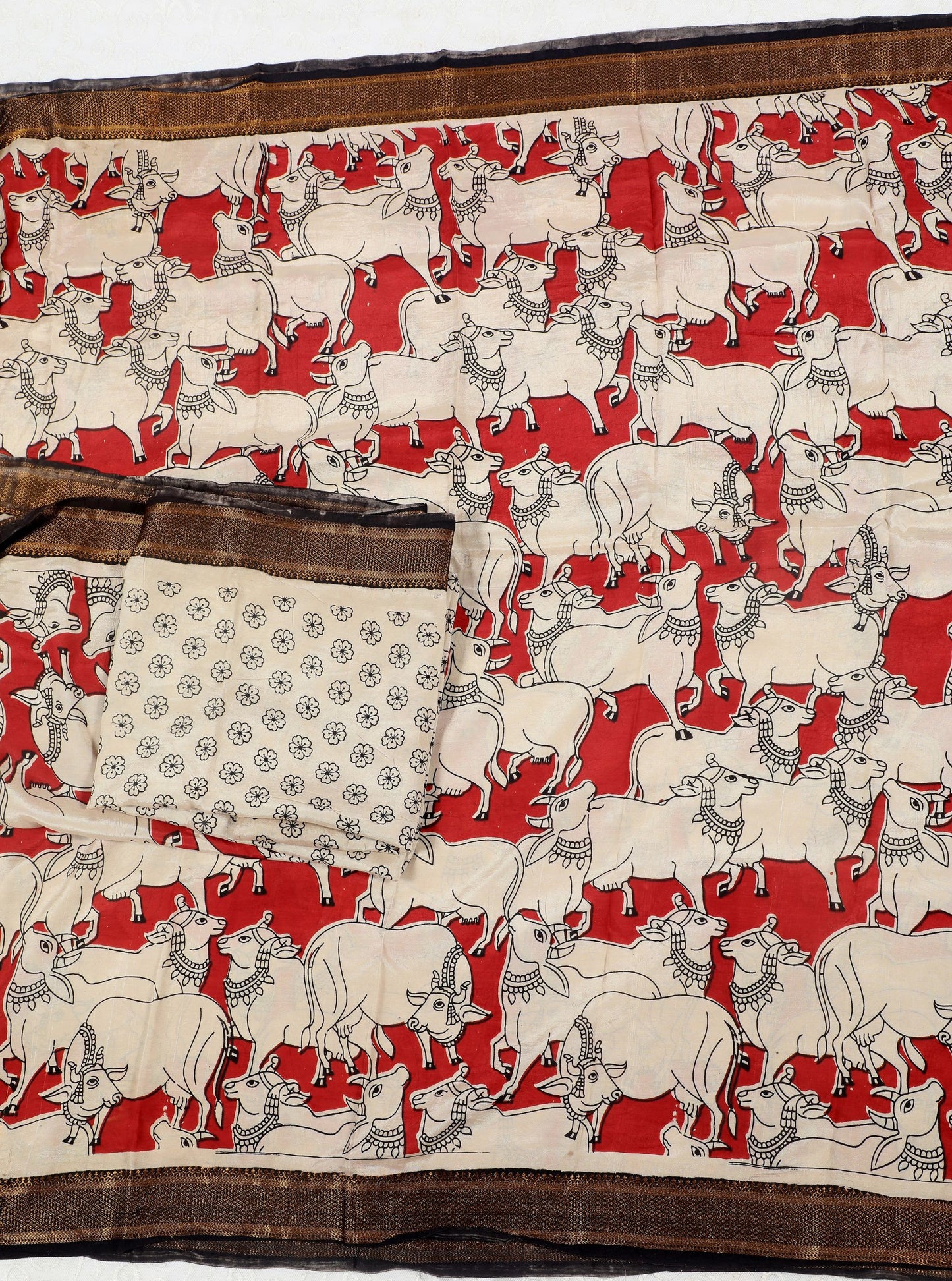 Red Kalamkari Mangalagiri Silk Saree with Sacred Cow Motif All-Over Print