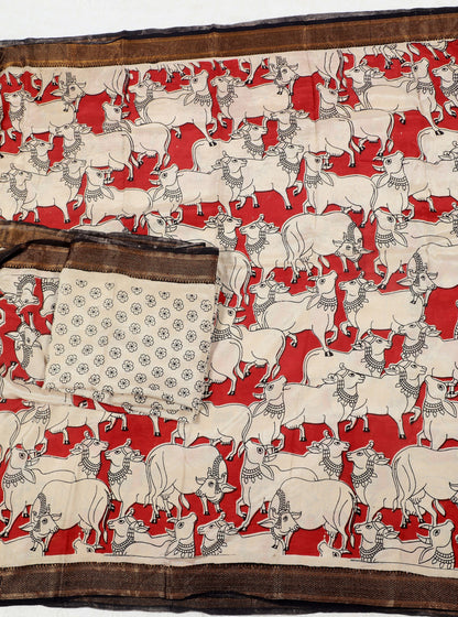 Red Kalamkari Mangalagiri Silk Saree with Sacred Cow Motif All-Over Print