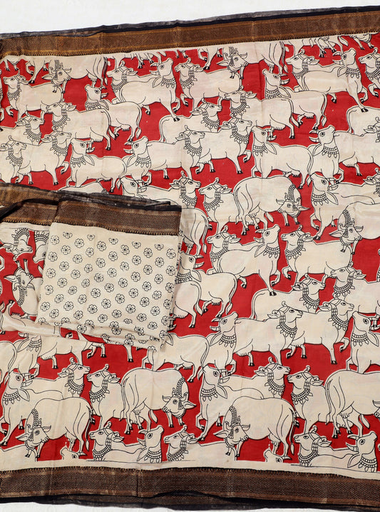 Red Kalamkari Mangalagiri Silk Saree with Sacred Cow Motif All-Over Print
