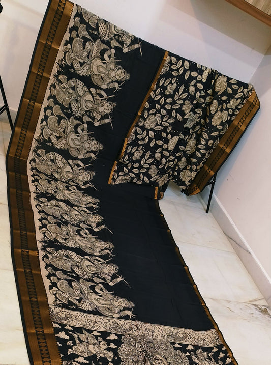 Classic Black Pen Kalamkari Silk Saree with Mythological Narrative Panels