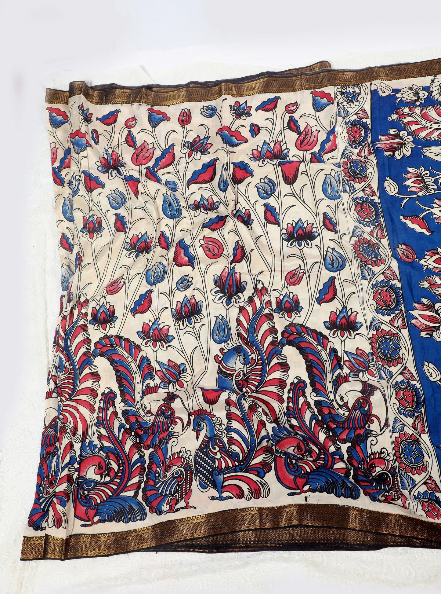 Ivory Kalamkari Mangalagiri Silk Saree with Peacock & Floral Motifs