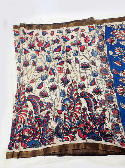 Ivory Kalamkari Mangalagiri Silk Saree with Peacock & Floral Motifs