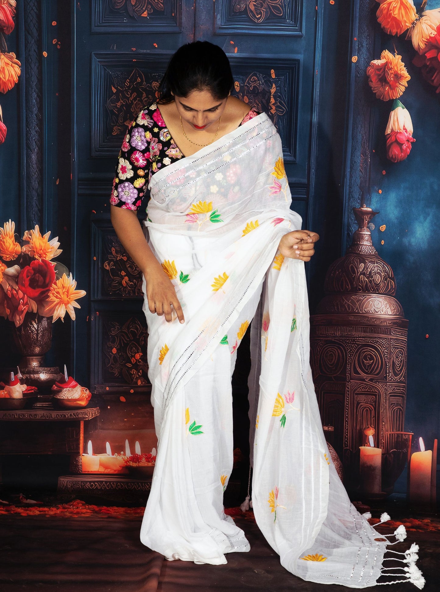 White Mul Cotton Saree with Colorful Floral Embroidery & Tassel Pallu