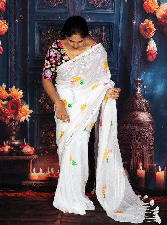 White Mul Cotton Saree with Colorful Floral Embroidery & Tassel Pallu