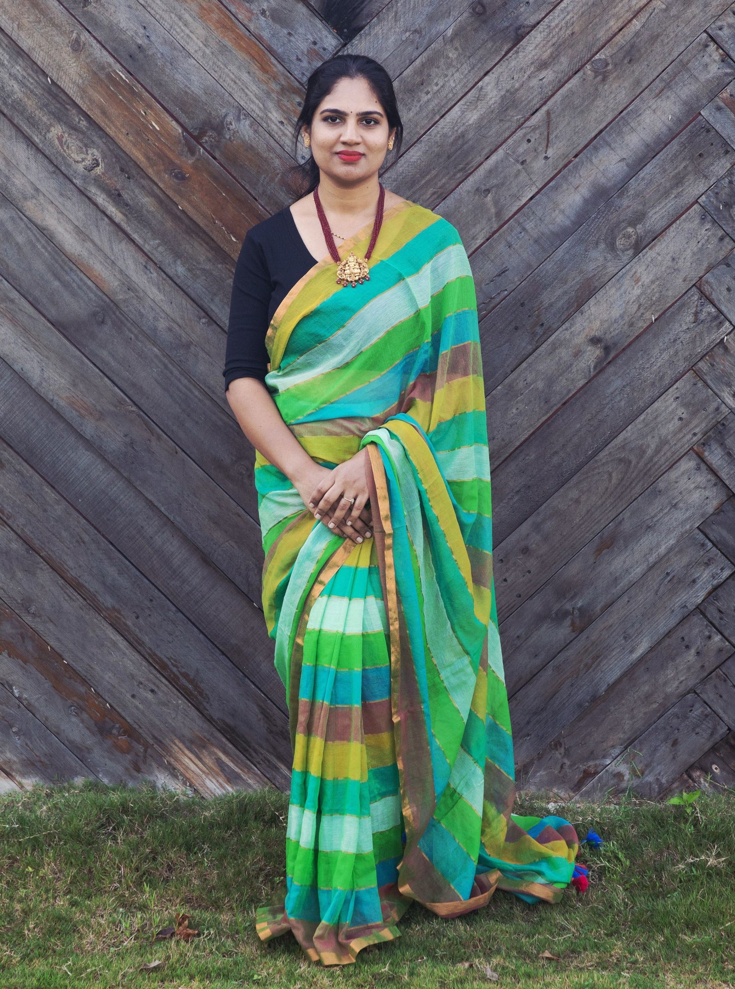 Multicolor Striped Mul Cotton Saree with Contrast Tassel Pallu