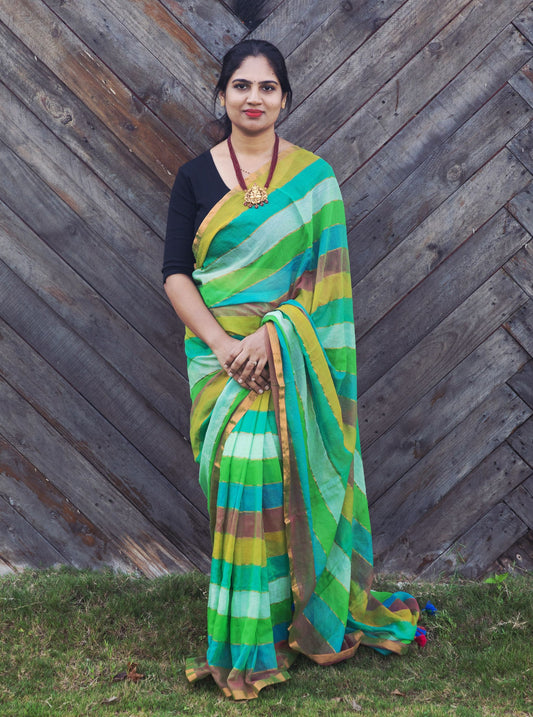 Multicolor Striped Mul Cotton Saree with Contrast Tassel Pallu