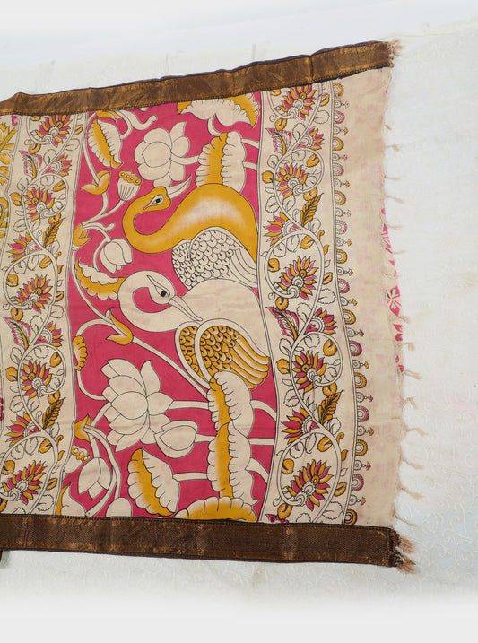 Beige Kalamkari Mangalagiri Silk Saree with Peacock & Floral Motifs