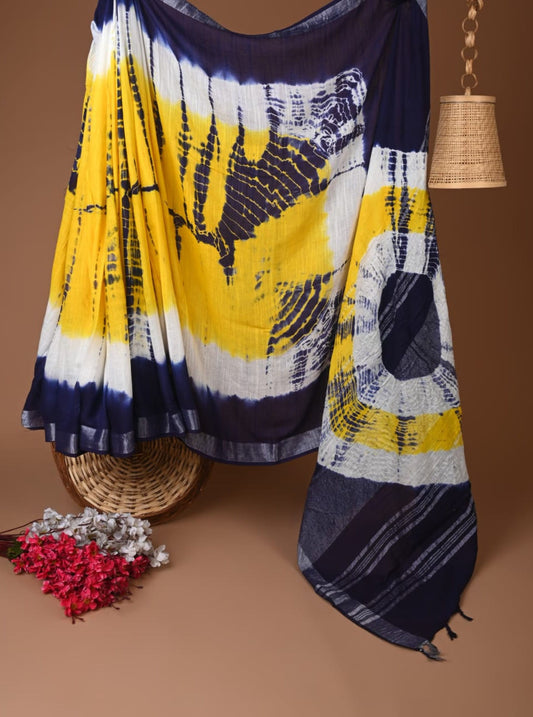 Yellow & Navy Blue Linen Cotton Saree with Abstract Tie-Dye Inspired Patterns