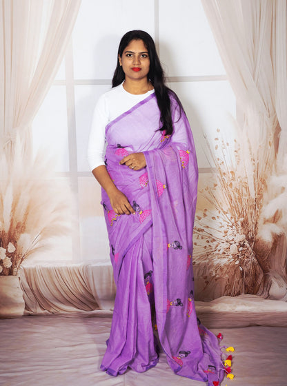 Lavender Mul Cotton Saree with Colorful Doll Embroidery & Tassel Pallu