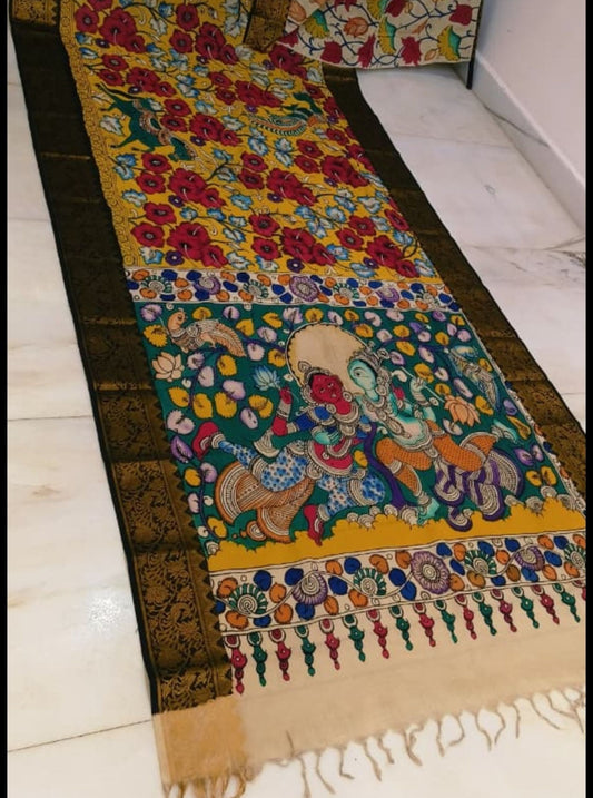 Mustard Yellow Pen Kalamkari Saree with Mythological Story Panel & Floral Motifs