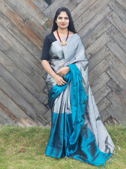 Silver & Teal Tissue Cotton Saree with Shimmer Finish