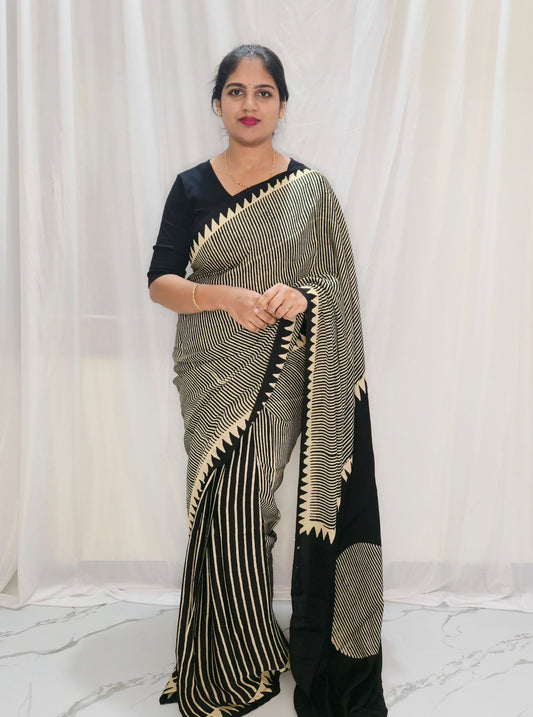 Black & Ivory Pure Modal Silk Saree with Contemporary Stripe Design
