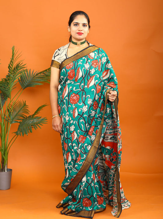 Teal Green Kalamkari Saree with Traditional Floral Print & Contrast Border