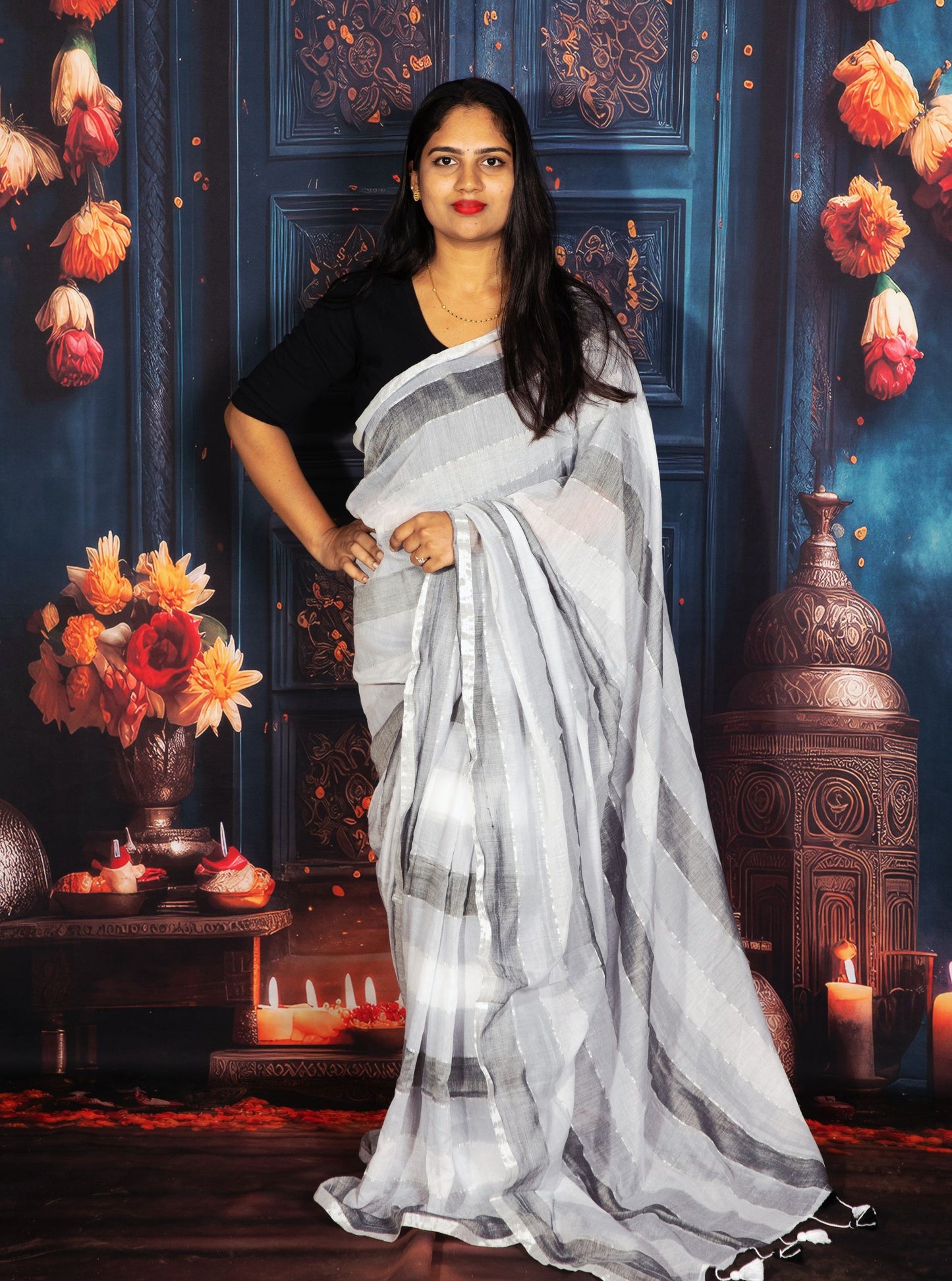 Grey & White Mul Cotton Saree with Subtle Stripes and Tassel Pallu