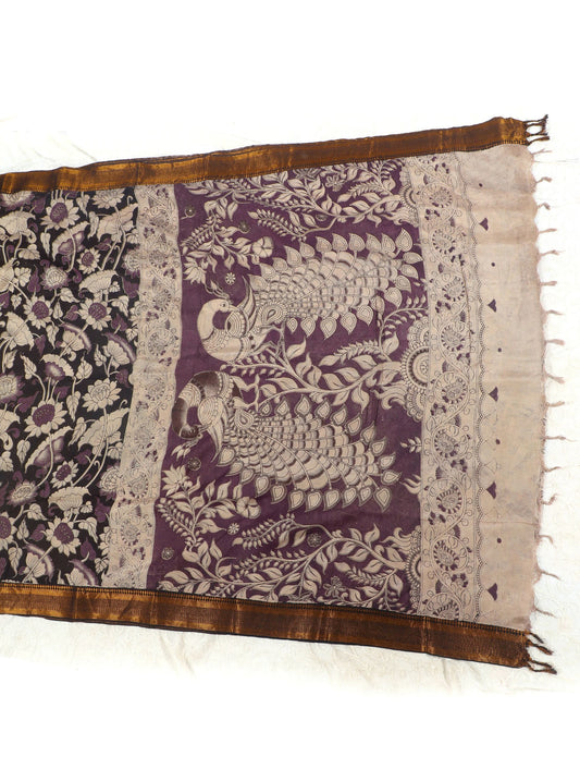 Black & Purple Floral Kalamkari Mangalagiri Silk Saree with Zari Border