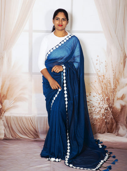 Royal Blue Mul Cotton Saree with White Floral Lace Border