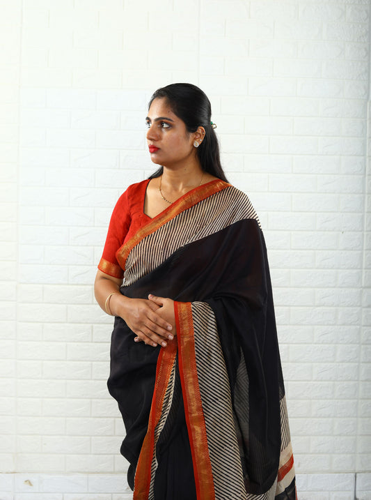 Stylish Black and White Maheshwari Silk Saree with Hand Block Print for Festive & Party Wear