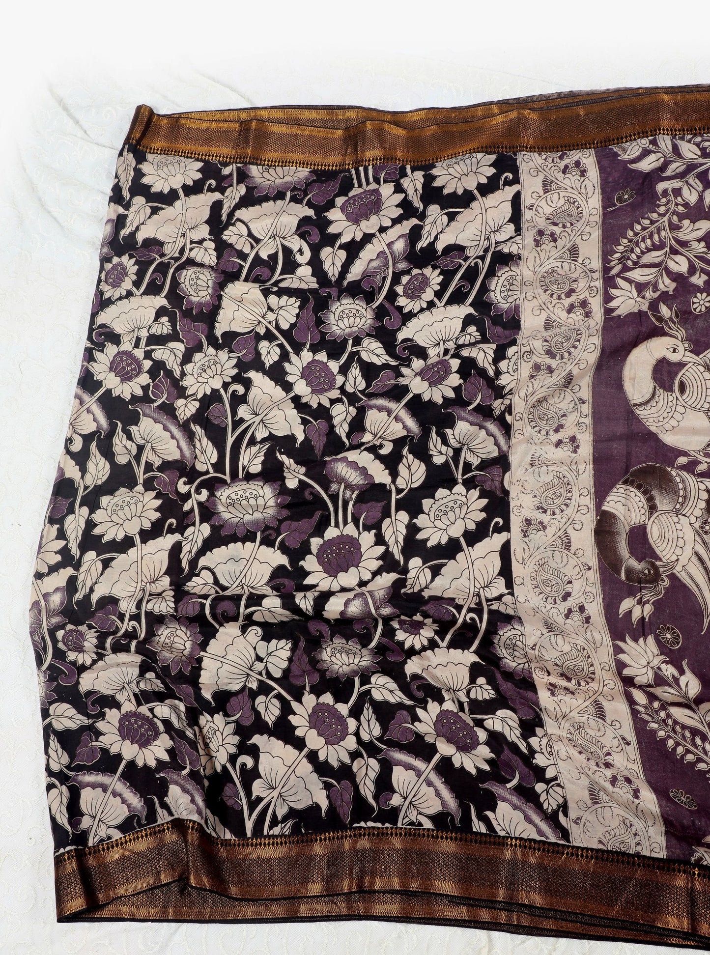 Black & Purple Floral Kalamkari Mangalagiri Silk Saree with Zari Border