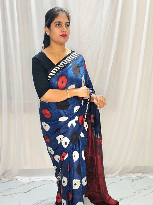 Rust Red & Indigo Pure Modal Silk Saree with Abstract Circular Motifs & Contrast Border