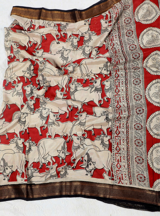 Red Kalamkari Mangalagiri Silk Saree with Sacred Cow Motif All-Over Print