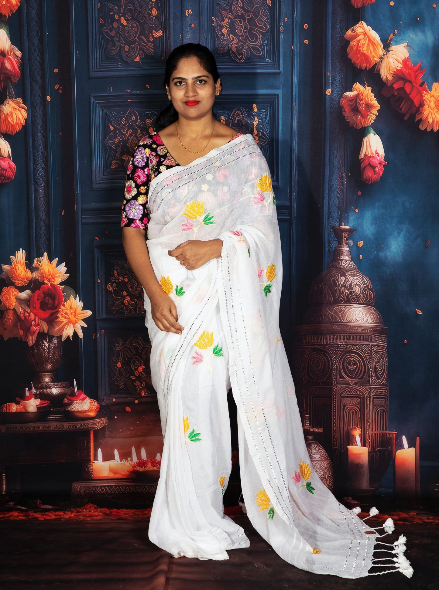 White Mul Cotton Saree with Colorful Floral Embroidery & Tassel Pallu