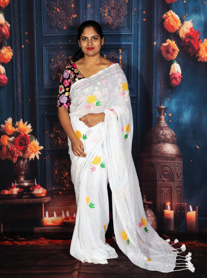 White Mul Cotton Saree with Colorful Floral Embroidery & Tassel Pallu
