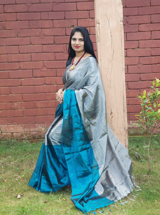Silver & Teal Tissue Cotton Saree with Shimmer Finish