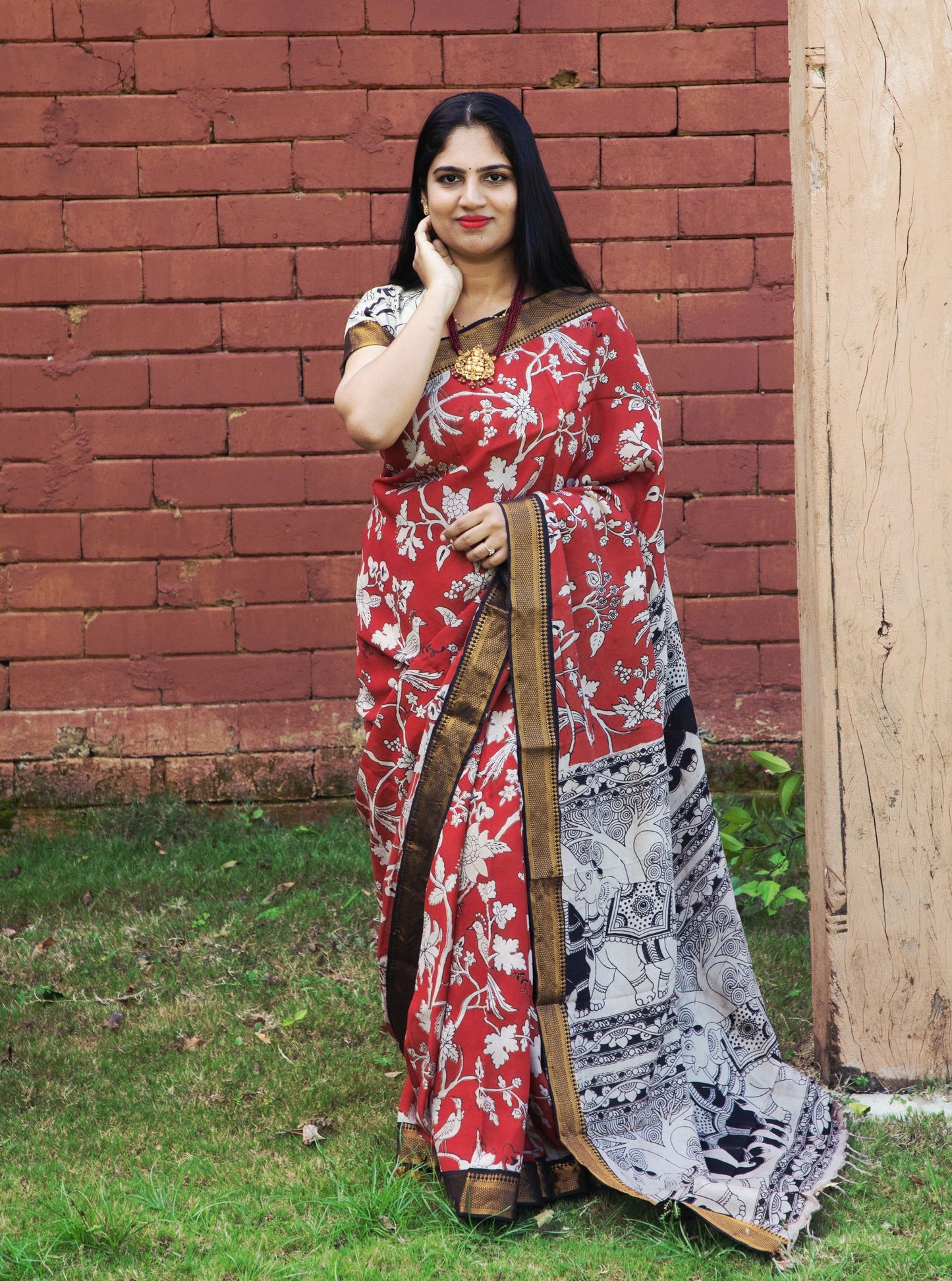 Rust Orange Kalamkari Silk Saree with Mythical Art Motifs