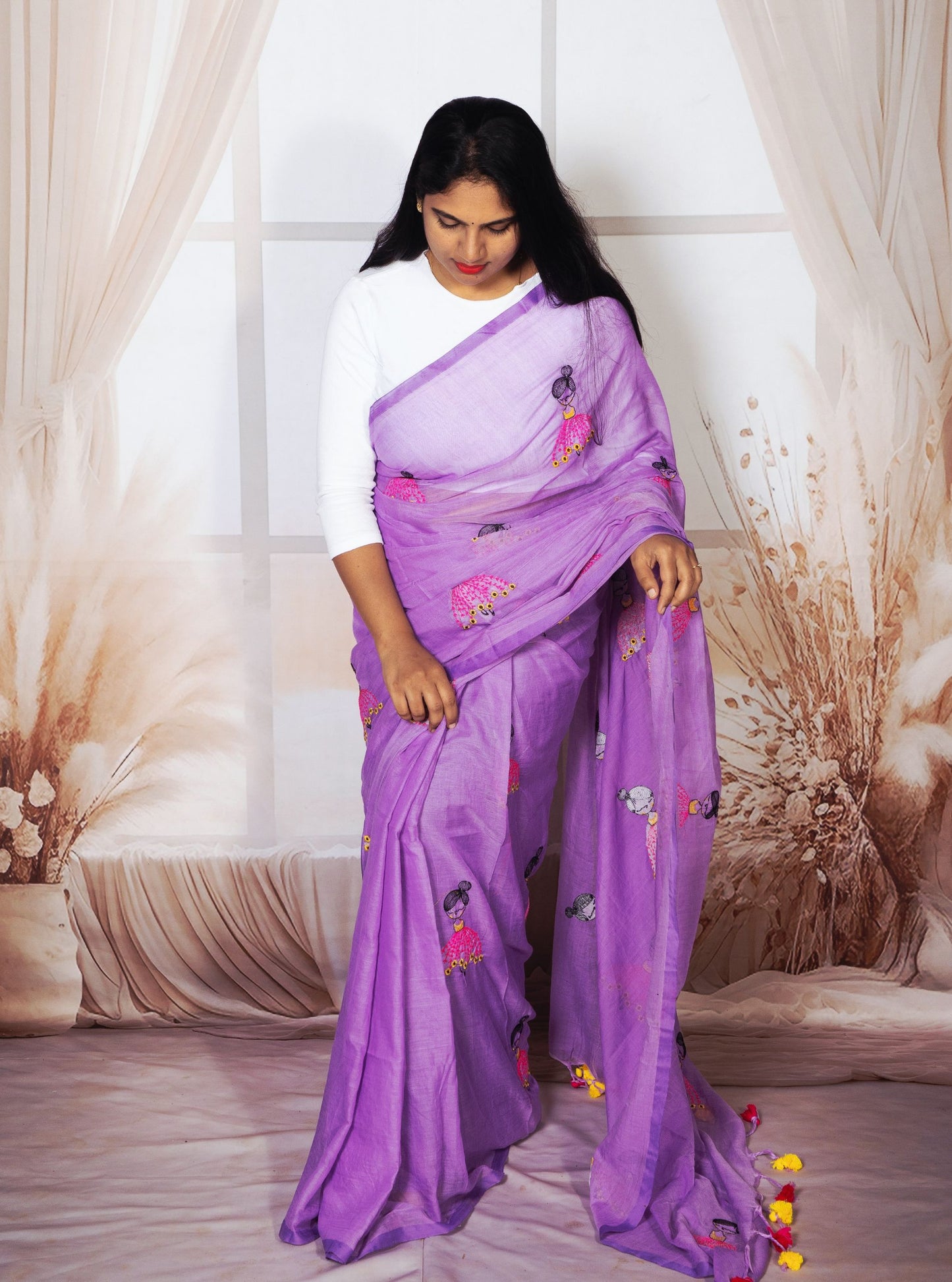 Lavender Mul Cotton Saree with Colorful Doll Embroidery & Tassel Pallu