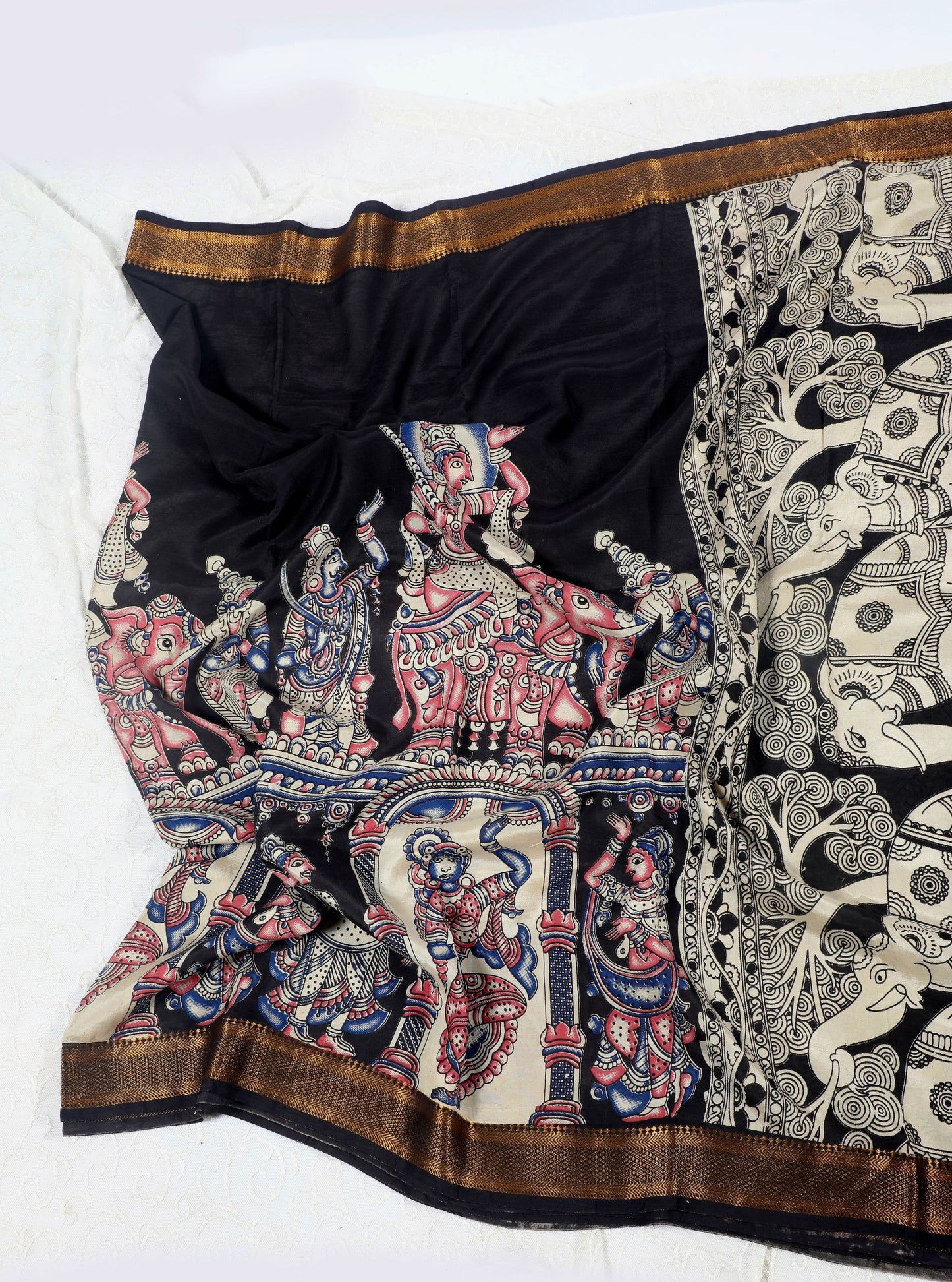 Black Kalamkari Mangalagiri Silk Saree with Elephant Motifs & Mythological Pallu