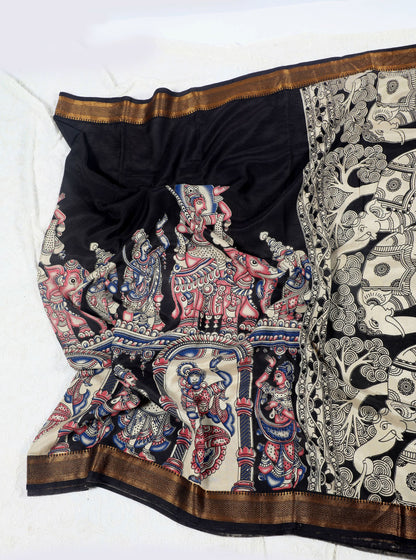 Black Kalamkari Mangalagiri Silk Saree with Elephant Motifs & Mythological Pallu