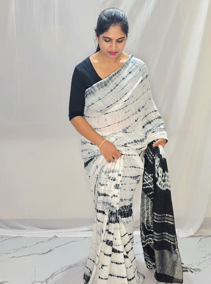 Ivory & Black Linen Cotton Saree with Shibori-Inspired Tie-Dye Patterns