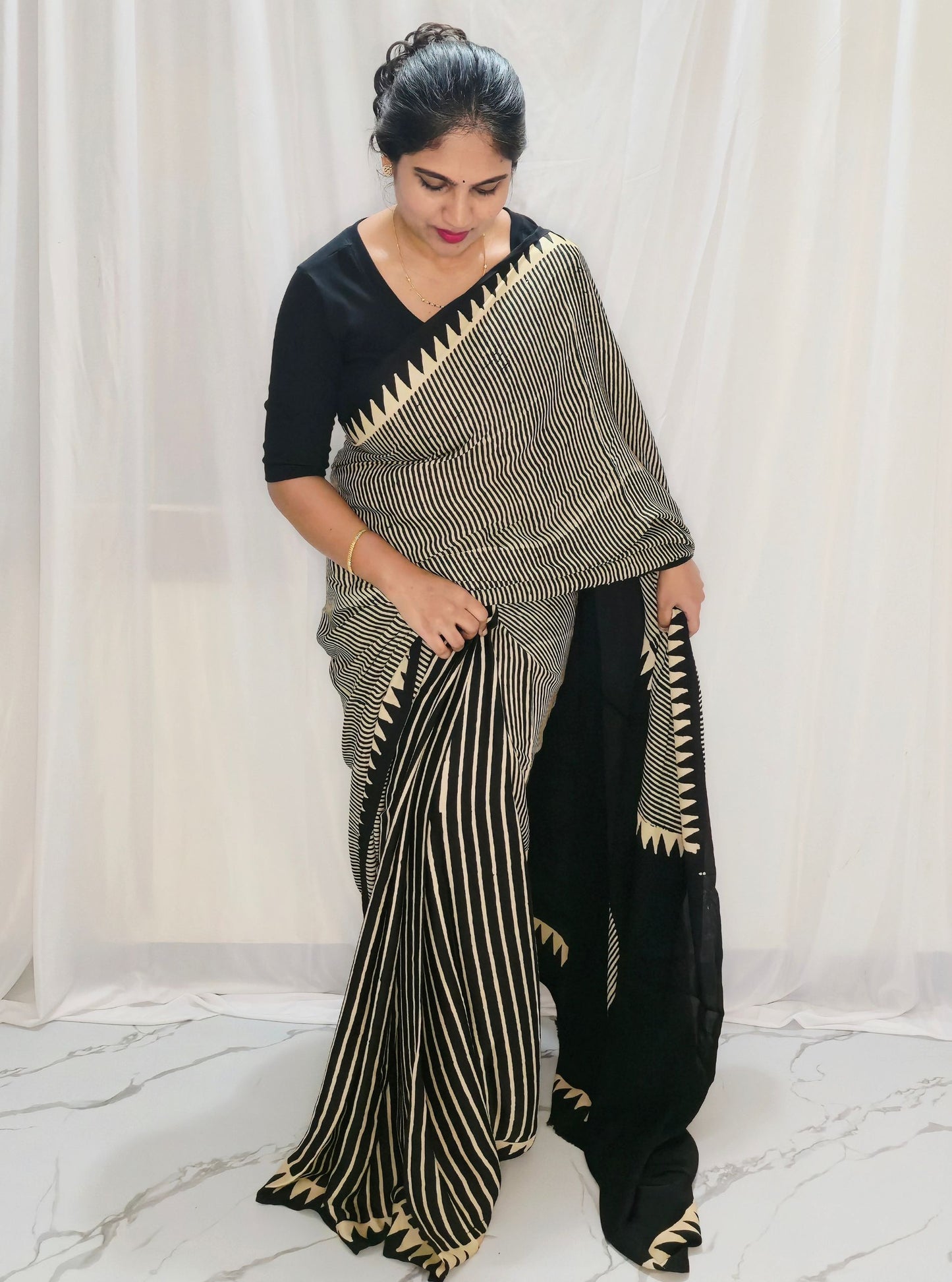 Black & Ivory Pure Modal Silk Saree with Contemporary Stripe Design