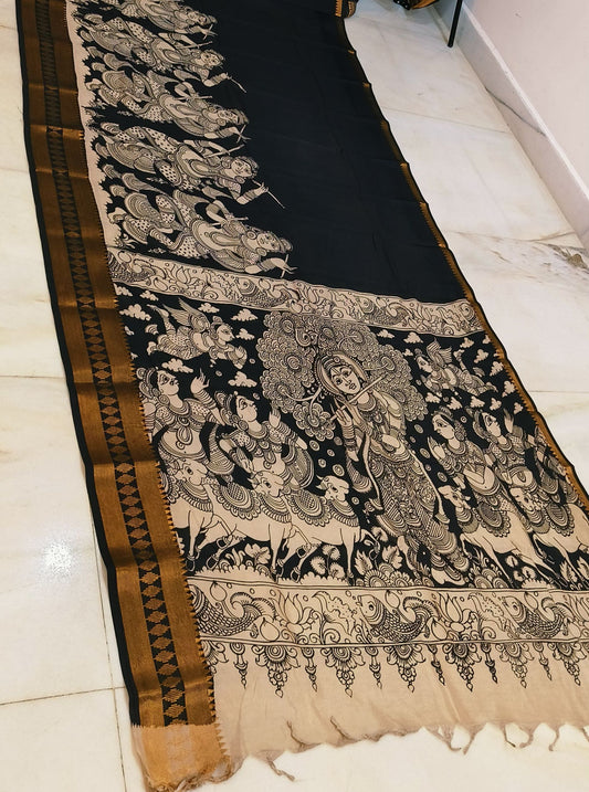 Classic Black Pen Kalamkari Silk Saree with Mythological Narrative Panels