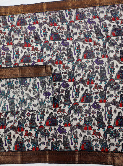 Ivory Kalamkari Mangalagiri Silk Saree with Traditional Storytelling Motifs
