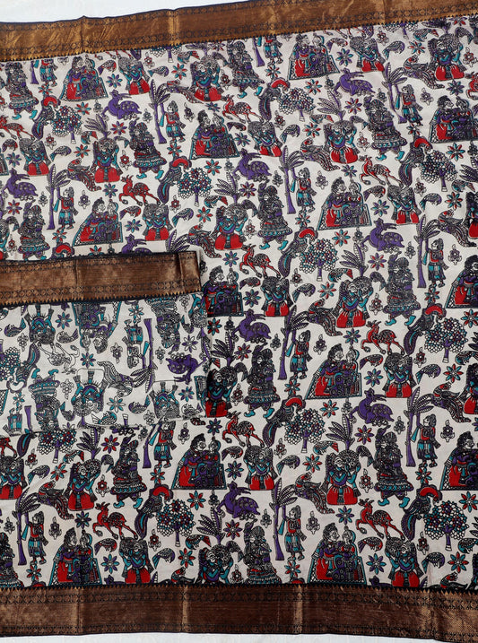 Ivory Kalamkari Mangalagiri Silk Saree with Traditional Storytelling Motifs