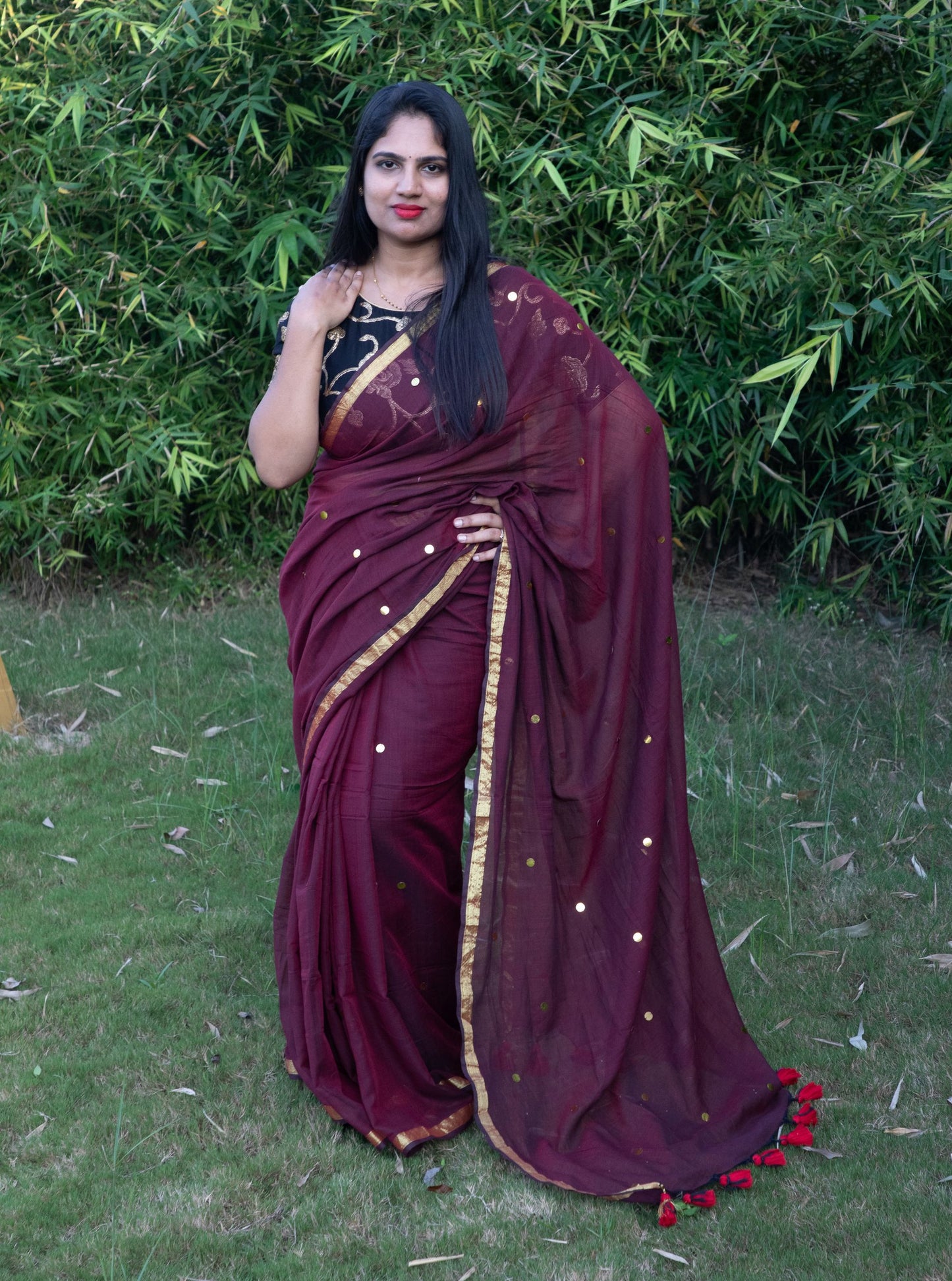 Maroon Mul Cotton Saree with Golden Polka Weave & Tassel Pallu