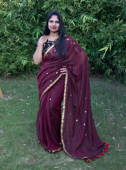 Maroon Mul Cotton Saree with Golden Polka Weave & Tassel Pallu