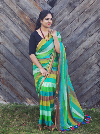 Multicolor Striped Mul Cotton Saree with Contrast Tassel Pallu