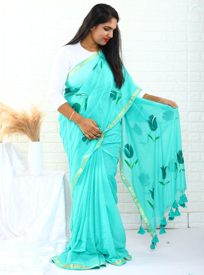 Artistic Blue Mul Cotton Saree with Elegant Hand Painted Detailing for Festive & Daily Wear