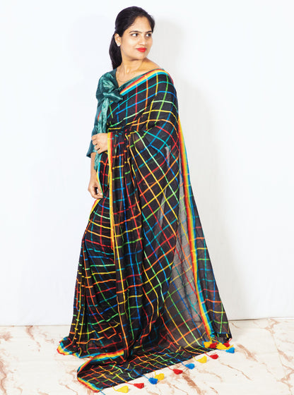 Black Mul Cotton Saree with Multicolor Checks & Tassel Pallu