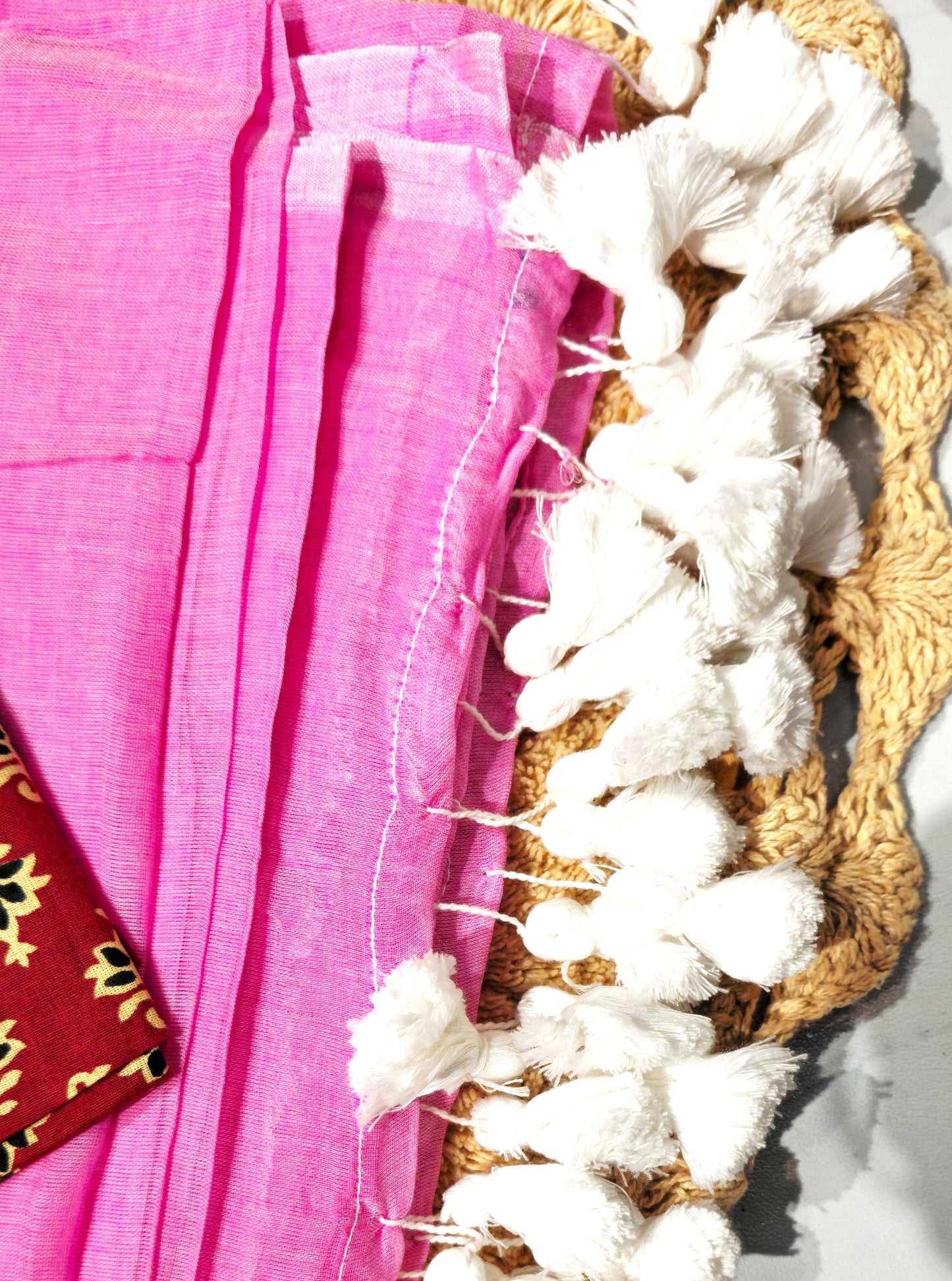 Soft Rose Pink Mul Cotton Saree with White Tasselled Pallu & Maroon Printed Blouse