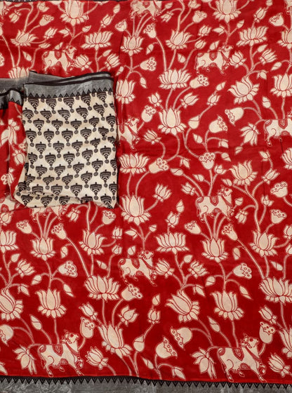 Black & Maroon Kalamkari Mangalagiri Silk Saree with Handcrafted Peacock & Floral Artwork