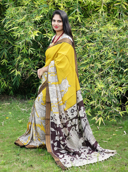 Mustard Yellow Kalamkari Mangalagiri Silk Saree with Contrast Pallu