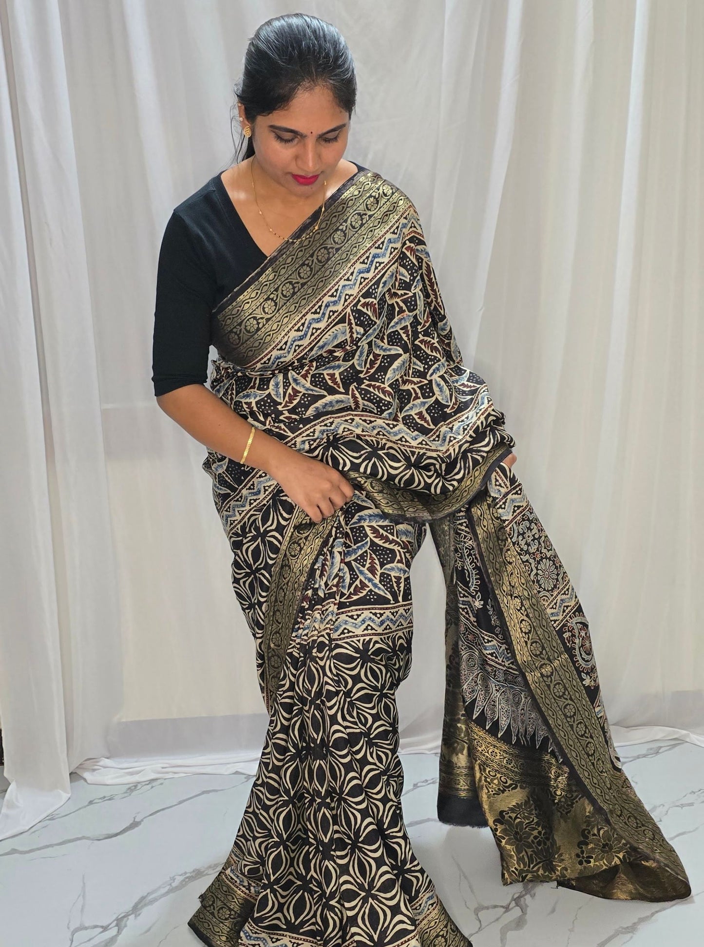 Classic Black Dola Silk Saree with Traditional Ajrakh Print & Antique Gold Border