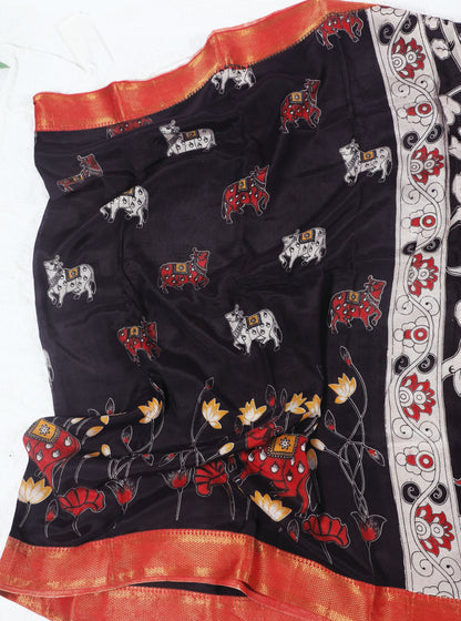 Black Kalamkari Mangalagiri Silk Saree with Sacred Cow & Lotus Motifs