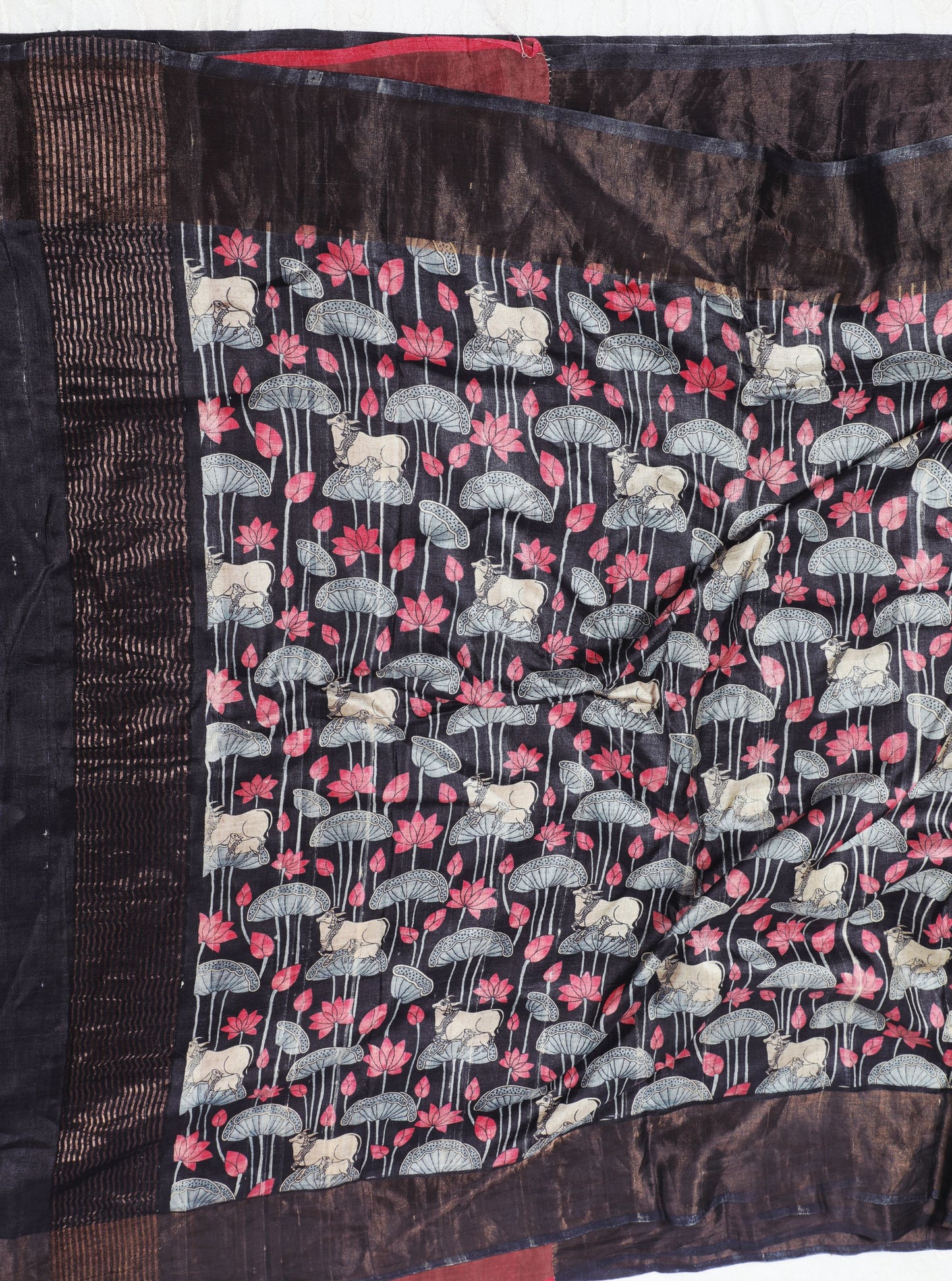 Black Tussar Silk Saree with Tribal Cow & Lotus Motif Print
